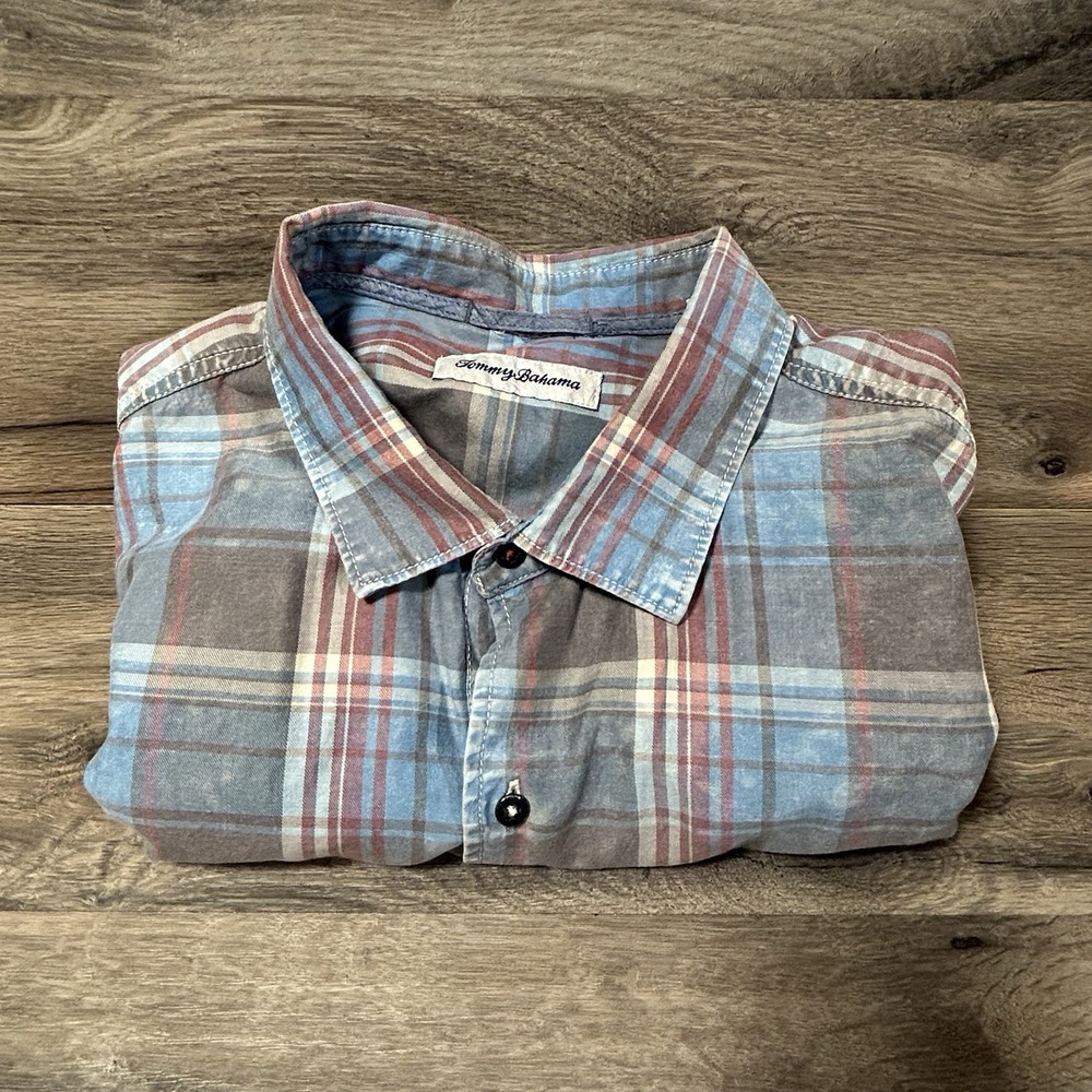 Tommy Bahama Shirt Mens XL Blue Gray Red Plaid Long Sleeve Button Up Casual Work - Picture 5 of 8